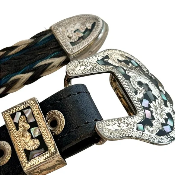 Horse Hair Western Belt Black Blue Mother Of Pearl Silver Plated Buckle Cowgirl - Picture 4 of 7